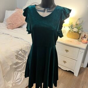 GB Girls Green Fit and Flare Mini Dress with Flutter Sleeves